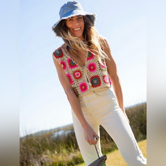 NATURAL LIFE Crochet Granny Square Colorful Boho Hippie Tie-Front Vest Size L/XL - Picture 3 of 14